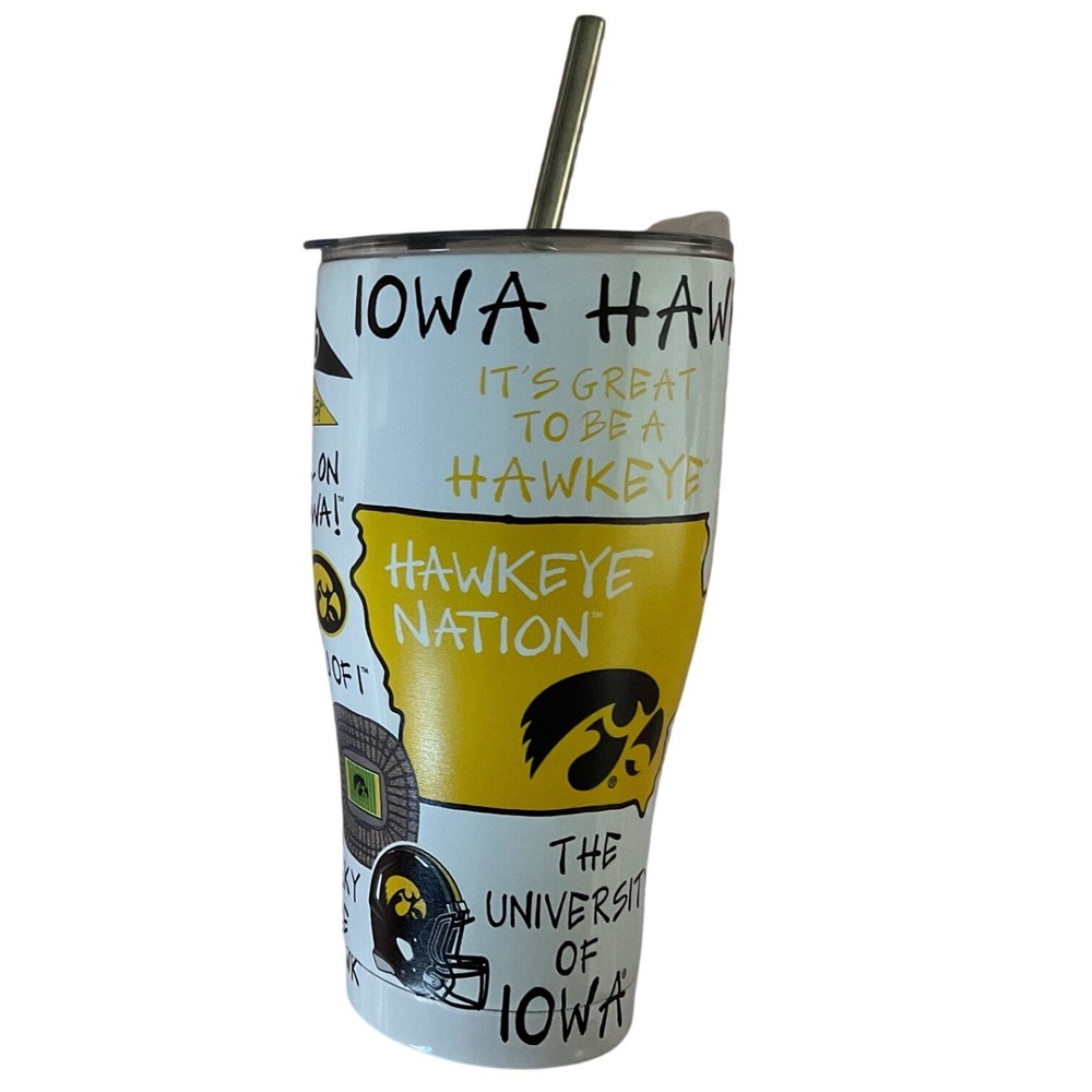 Iowa Hawkeyes Stainless Steel Tumbler 30oz Travel Mug with Lid and Metal Straw